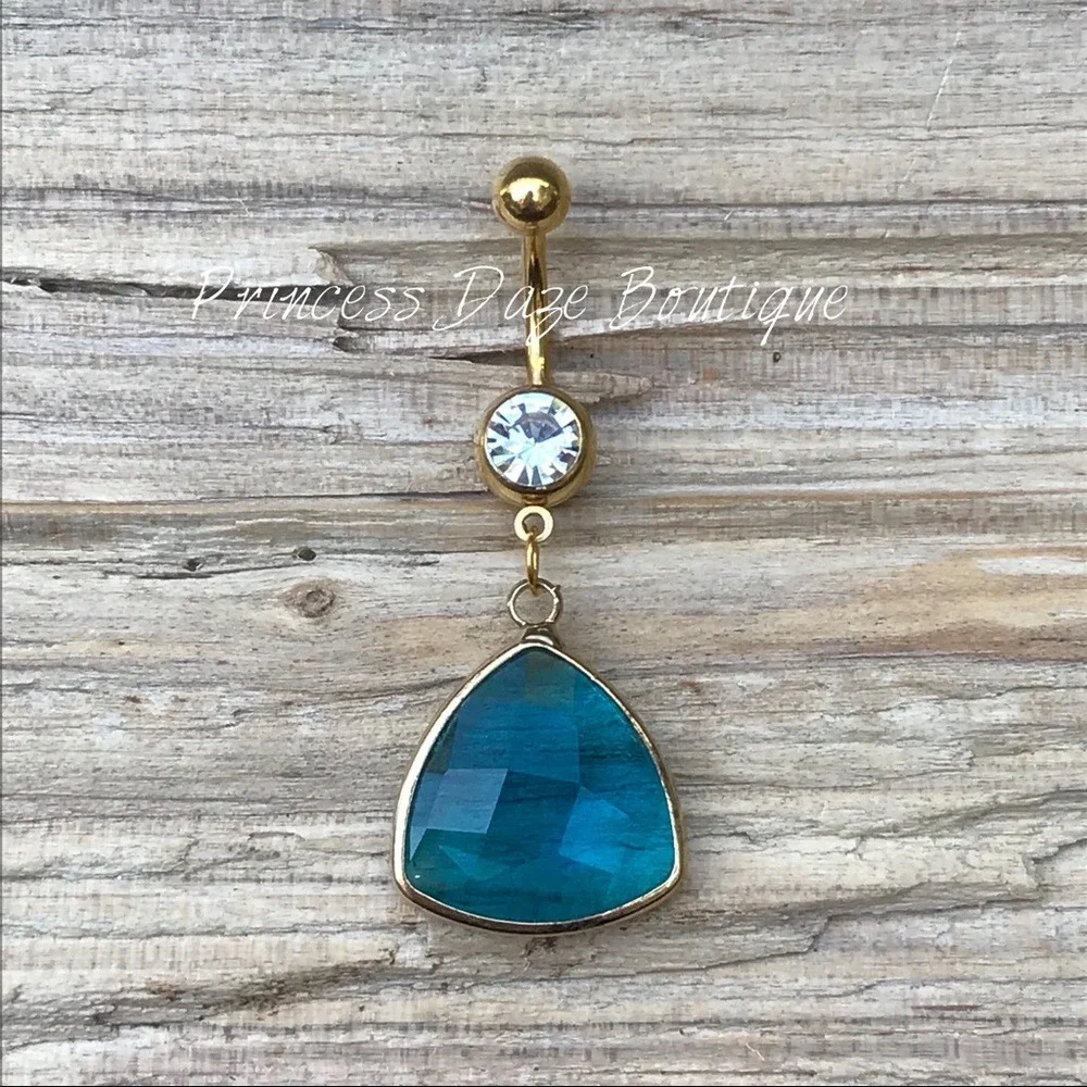 Gold Blue‎ Faceted Glass Crystal Belly Button Ring